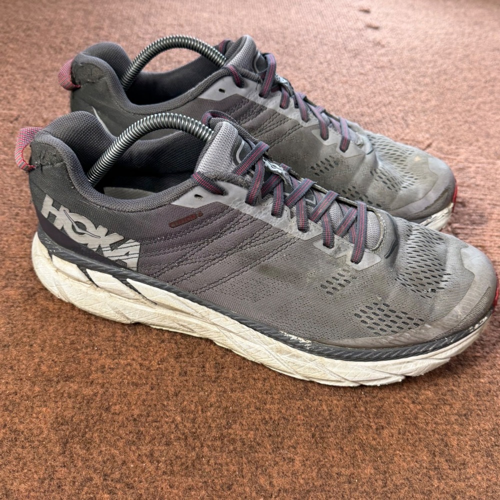 C+ Hoka One One Clifton 4 Mens Running Shoes Grey‎ Red Wide Size 11.5 2E gym fit